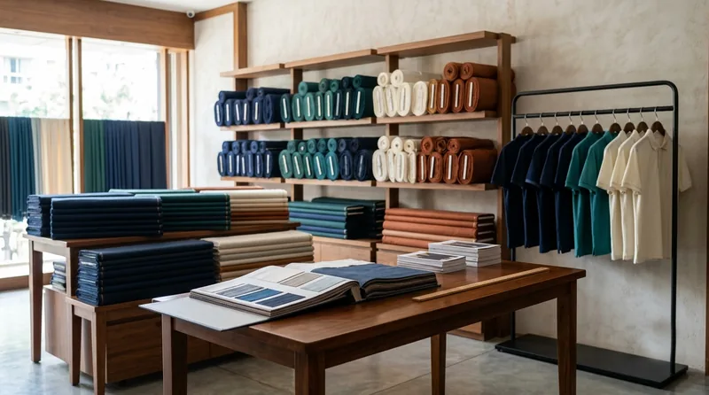 A fabric and uniform showroom with rolls of cloth on shelves, polo shirts on a rail and a swatch book open on a table