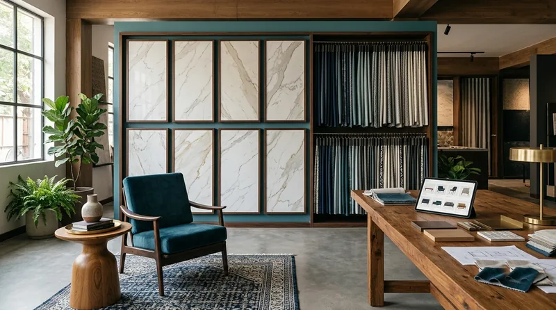 A furniture and tile showroom with large marble-look tiles on display panels, curtain fabrics, an armchair and a table with samples