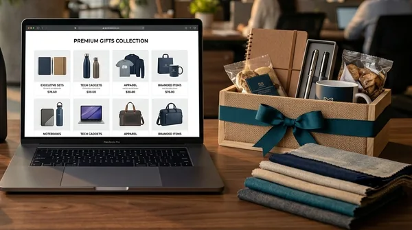 A laptop showing a branded gift catalogue next to a corporate gift hamper with a diary, pens, a mug and snacks
