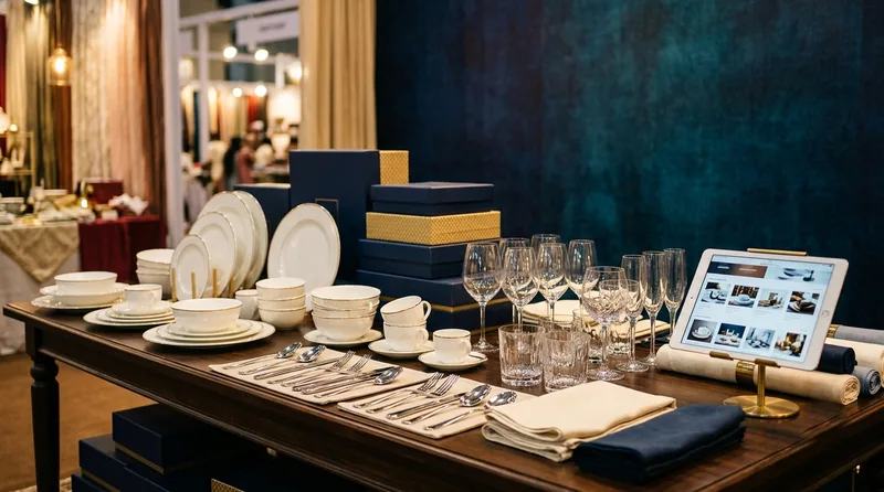 A hotel supplies display with white crockery, glassware, cutlery, napkins and linen, with a tablet showing a product catalogue