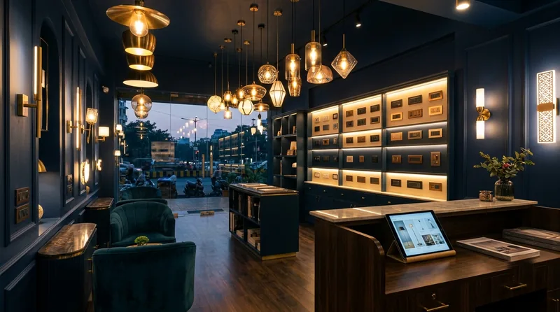 A lighting showroom with pendant lights, wall lights and a display of switches, and a tablet showing a product catalogue