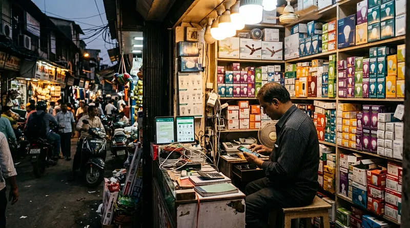 A small electrical and lighting goods shop on a busy market lane, with the shopkeeper checking enquiries on his phone