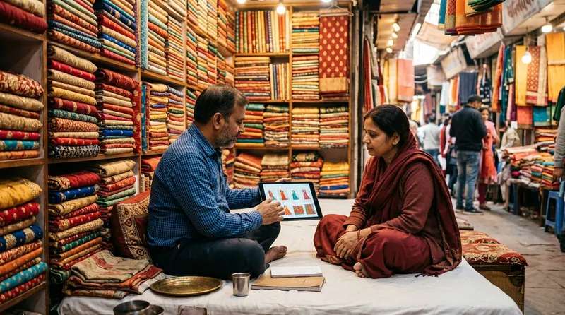 A traditional saree and fabric shop with gaddi seating, where the trader shows a buyer the catalogue on a tablet