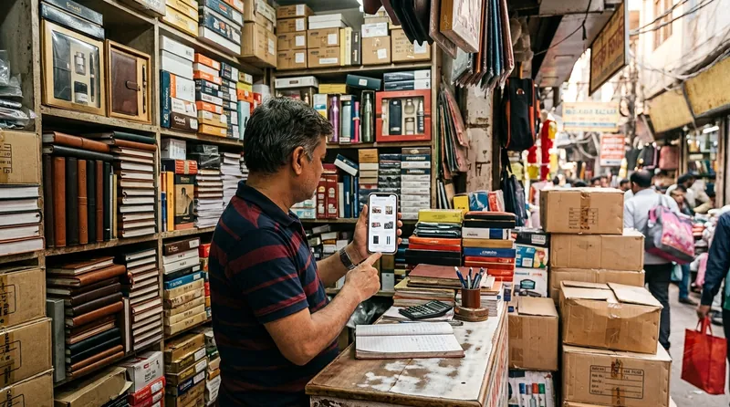 A small, packed corporate gift and stationery shop in a market lane, with the owner showing his catalogue website on a phone
